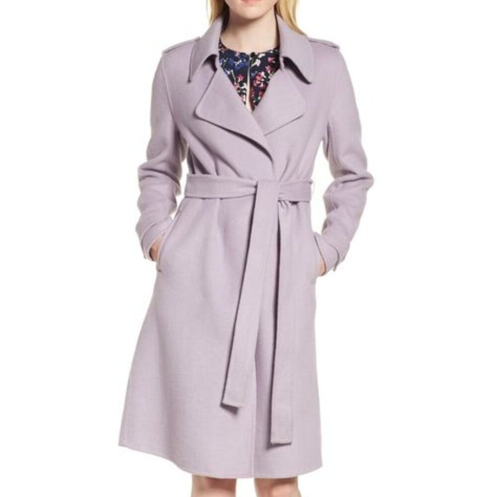 Badgley Mischka Double Face Wool Blend Wrap Front Coat Lavender Sz XS